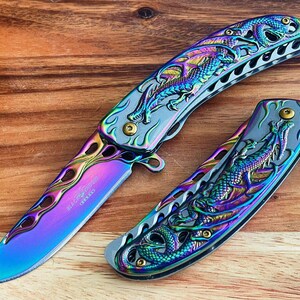 8.5" Luxury Spring Open Assisted Pocket Knife Rainbow 3D Dragon Design Aluminium Handle