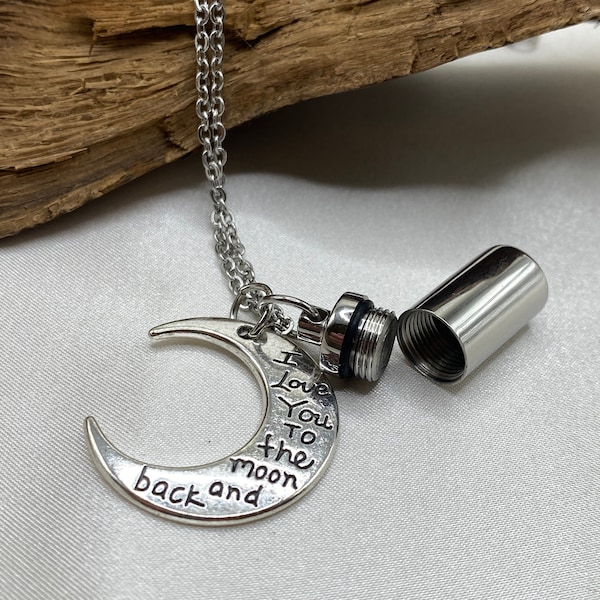 Personalized cremation necklace, Memorial urn jewelry cremation necklace, cylinder with moon charm, cremate jewelry necklace, ash holder