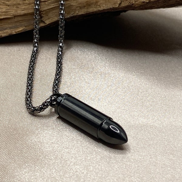 Bullet cremate necklace, black stainless steel bullet urn, memorial urn jewelry, cremation necklace for men, hunting necklace, ash pendant