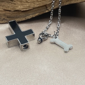 personalized cremation necklace, Urn cross necklace with dog bone, pet loss, pet necklace, urn for pet ashes, black cross necklace