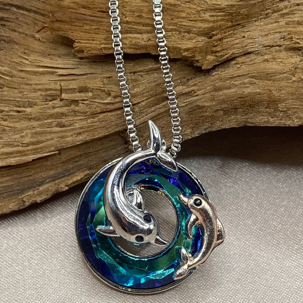 Graceful Dolphin Cremation Urn Pendant - Necklace with Blue Iridescent Stones - Memorial Urn Jewelry - Locket Necklace for Human Ashes