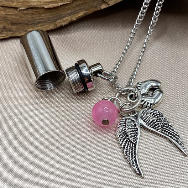 Personalized Memorial urn jewelry, cylinder cremation necklace, urn for baby ashes, Angel wing necklace, baby foot charm, necklace for ashes