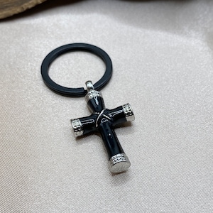 Black Cross Cremation Keychain: Stainless Steel Memorial Keepsake