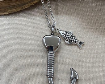 Fish Hook Cremation Urn Necklace: Stainless Steel Memorial Keepsake
