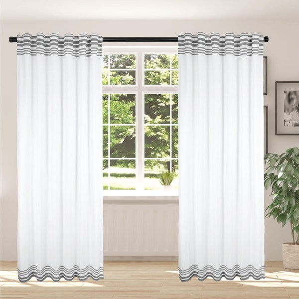 Modern Window Curtain with Rod Pocket & Back Tab - White with Charcoal Stripes, 54 x 84 inch, Set of 2