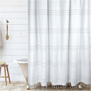 Hall & Perry Modern Farmhouse White Stripe Shower Curtain with Tassels - Horizontal Taupe Striped 100% Cotton, 72&quot; x 72&quot;