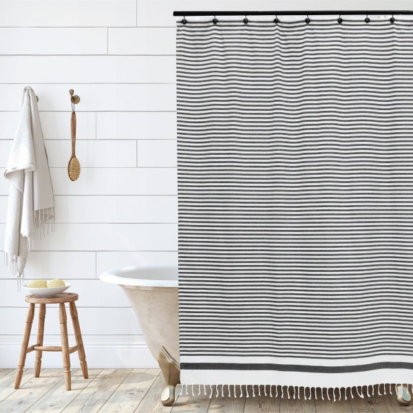 Catalina Modern Farmhouse Shower Curtain in White and Black Stripes with White Tassles at Bottom, 72x72"