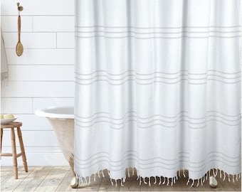 Hall & Perry Modern Farmhouse White Stripe Shower Curtain with Tassels - Horizontal Taupe Striped 100% Cotton, 72" x 72"