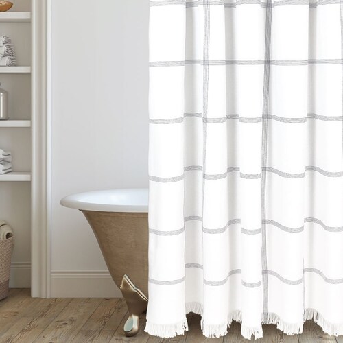 The Ellis Windowpane Grid Shower Curtain in White With Black Etsy
