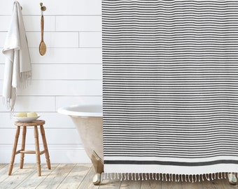 Catalina Modern Farmhouse Shower Curtain in White and Black Stripes with White Tassles at Bottom, 72x72"