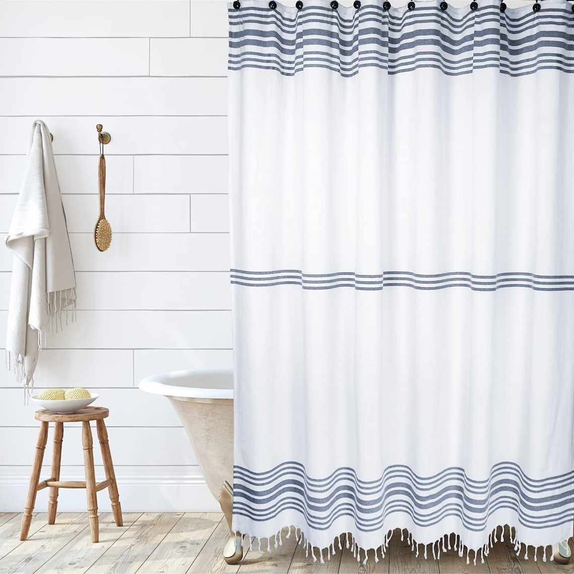 100 Natural Woven Cotton Shower Curtain in White With Grey or Etsy