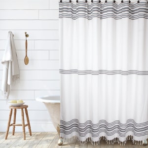 100% Natural Woven Cotton Shower Curtain in White with Grey or Navy Stripes, 72x72"