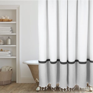 Modern Farmhouse Shower Curtain in White with Stripes and Tassles by Hall & Perry Gray