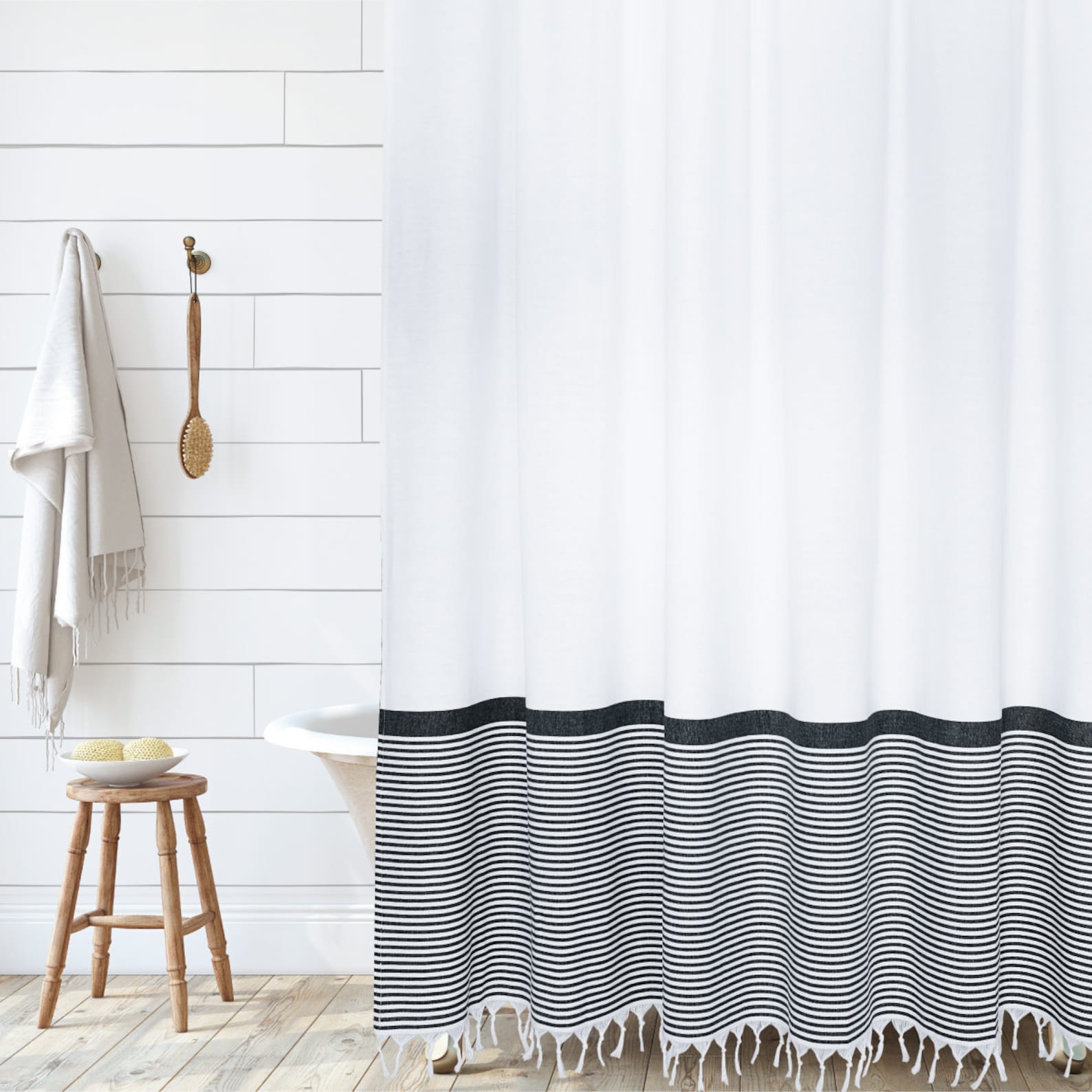 Modern Farmhouse Shower Curtain in White With Stripes and Etsy