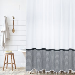 Modern Farmhouse Shower Curtain in White with Stripes and Tassles by Hall & Perry Black