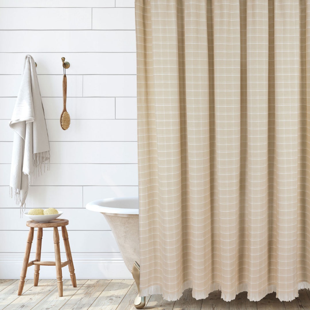 Windowpane Grid Shower Curtain in Beige With White Lines and Tassles by