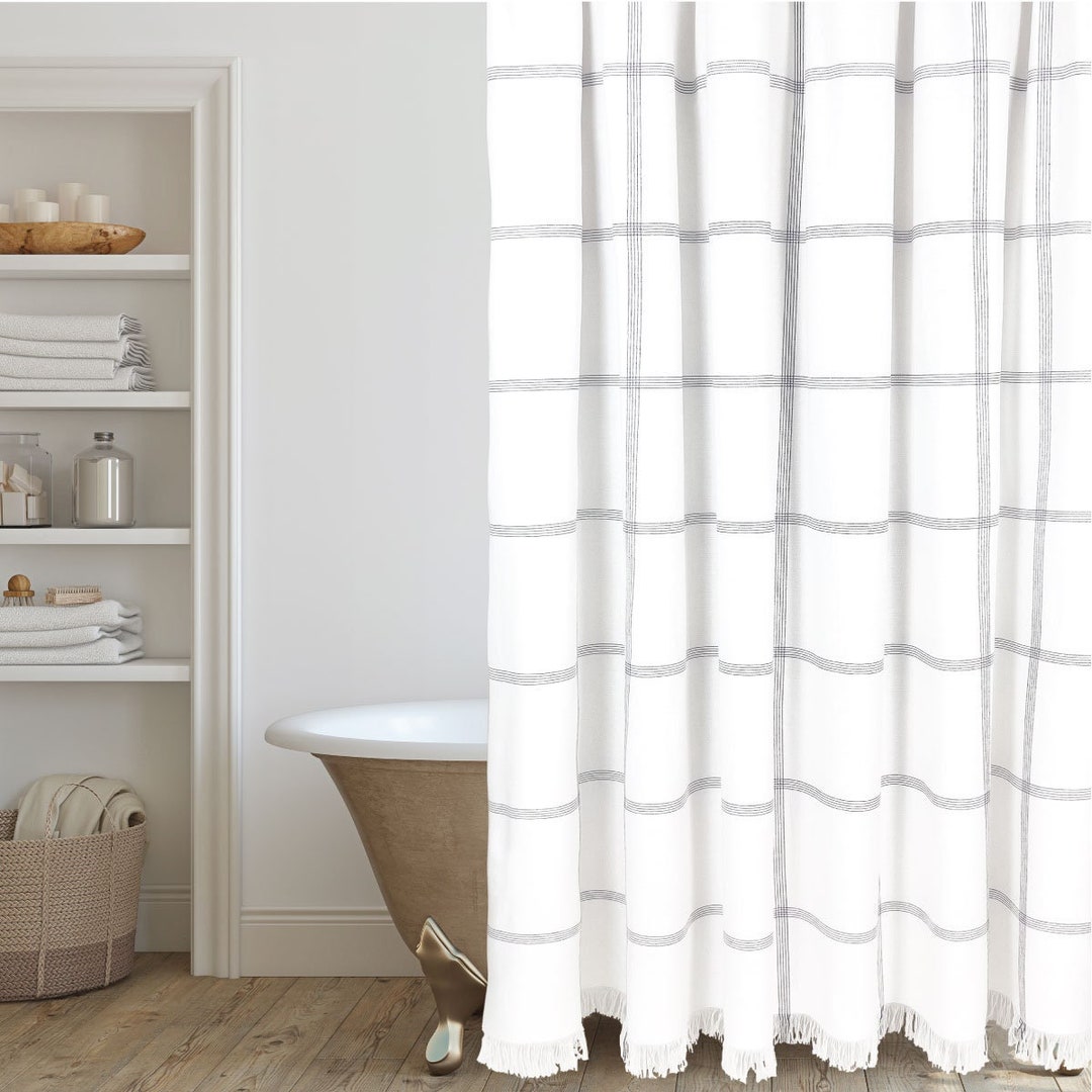 The Ellis Windowpane Grid Shower Curtain in White With Black Stripes by