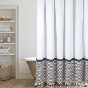 Modern Farmhouse Shower Curtain in White with Stripes and Tassles by Hall & Perry image 1