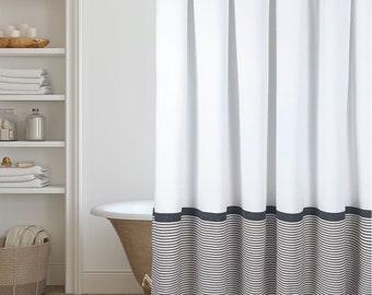 Modern Farmhouse Shower Curtain in White with Stripes and Tassles by Hall & Perry