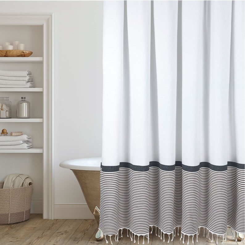 Modern Farmhouse Shower Curtain in White with Stripes and Tassles by Hall & Perry image 1