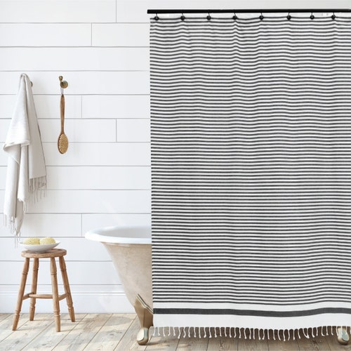 Modern Farmhouse Shower Curtain in White With Stripes and Etsy UK