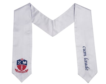 May include: White graduation stole with a blue embroidered crest and the text "cum laude" on the right side.