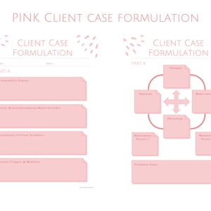 May include: A pink printable worksheet with the title "Pink Client Case Formulation" and two sections: "Client Case Formulation Part A" and "Client Case Formulation Part B". Part A has four blank boxes for "Vulnerability Factors", "Family Beliefs/Assumptions/Values/Attitudes", "Precipitant (Critical Incidents)", and "Current Triggers & Modifiers". Part B has a diagram with six boxes for "Thoughts", "Emotions", "Behaviors", "Physiology", "Maintenance Process 1", and "Maintenance Process 2". There is also a blank box for "Treatment Goals".