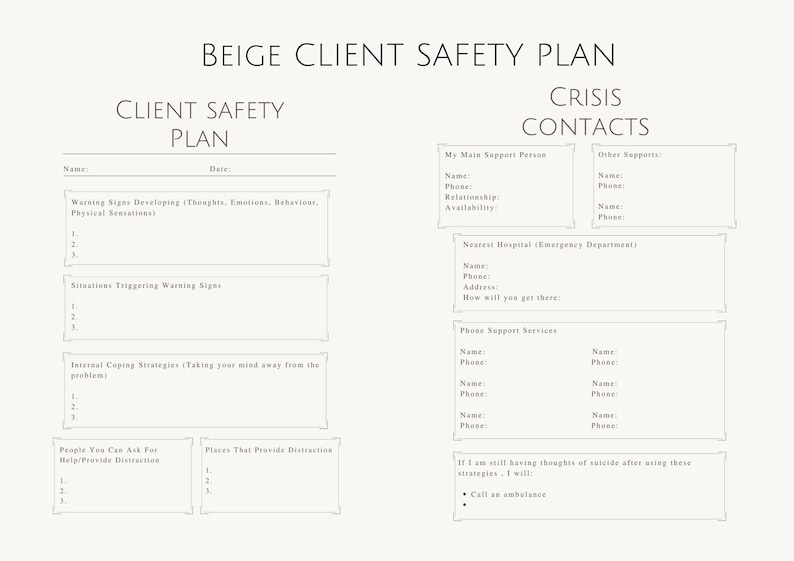 Client Safety Plan, Therapist Printable, Crisis Safety Plan Template