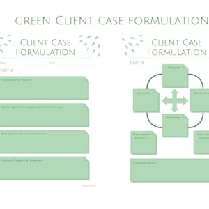 May include: A green and white printable worksheet with the title "Green Client Case Formulation". The worksheet is divided into two sections, "Part A" and "Part B". Part A has four sections for listing vulnerability factors, faulty beliefs, precipitants, and current triggers. Part B has a diagram with six sections for listing thoughts, emotions, behaviours, physiology, maintenance process 1, and maintenance process 2. There is also a section for listing treatment goals.