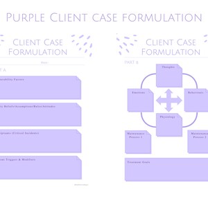 Könnte beinhalten: Ein lila-weißes, druckbares Arbeitsblatt mit dem Titel "Purple Client Case Formulation". Das Arbeitsblatt ist in zwei Abschnitte unterteilt, "Teil A" und "Teil B". Teil A hat vier Abschnitte zum Auflisten von Vulnerabilitätsfaktoren, falschen Überzeugungen, Auslösern und aktuellen Triggern. Teil B hat ein Diagramm mit fünf Abschnitten zum Auflisten von Gedanken, Emotionen, Verhaltensweisen, Physiologie und Wartungsprozessen. Es gibt auch einen Abschnitt zum Auflisten von Behandlungszielen.