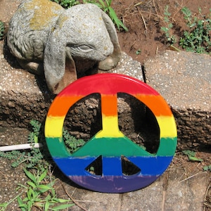 Rainbow Peace Sign Wood Wall Art, Wall Hanging, 8.5&quot; Rustic Boho Hippie Gay Pride LGBTQ Ready to Hang Gift For Him Her