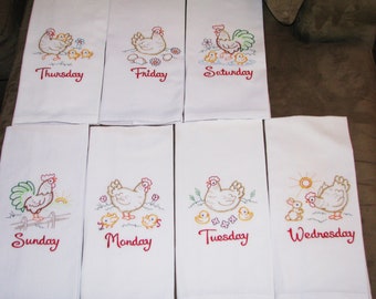 Chicken Days Of The Week - Complete Set of 7 Chicken & Rooster Family Tea Towels/Farmhouse Embroidered Set /7 Dish Towels, Gift For Her