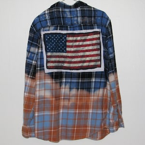 Upcycled Flannel Shirt Thrifted Hand Bleached, Size Large, Chaps Rustic American Flag Back Patch And American Pride Arm Patch, One Of A Kind