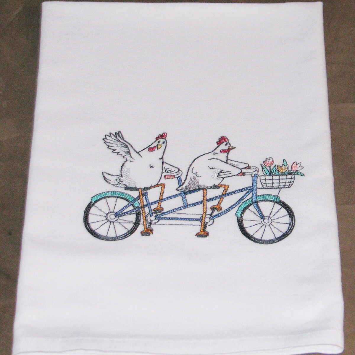Happy Chickens on A Bicycle, Farmhouse Machine Embroidered Flour Sack Kitchen Dish Towel Rooster, Hen, Plucky Pedalers, College Gift - Etsy