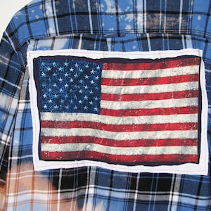 Upcycled Flannel Shirt Thrifted Hand Bleached, Size Large, Chaps Rustic American Flag Back Patch And American Pride Arm Patch, One Of A Kind