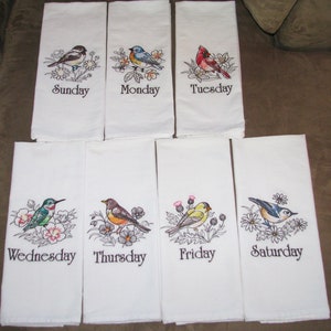 7 Birds and Blooms Farmhouse Days Of The Week Machine Embroidered Flour Sack Kitchen Towel Set, Cardinal, Hummingbird, Christmas Gift Idea