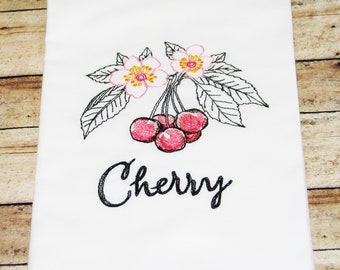 Cherries And Cherry Blooms, Farmhouse Machine Embroidered Flour Sack Kitchen Dish Towel - Cherry, Stocking Stuffer, Gift For Her, Mom Gift