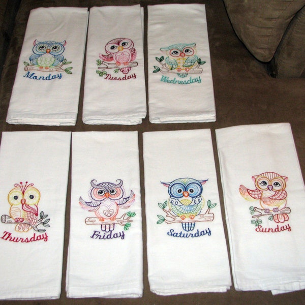 7 Whimsical Owl Days Of The Week Farmhouse Embroidered Flour Sack Kitchen Towel Set -  28" x 28", Cute Funny Birds