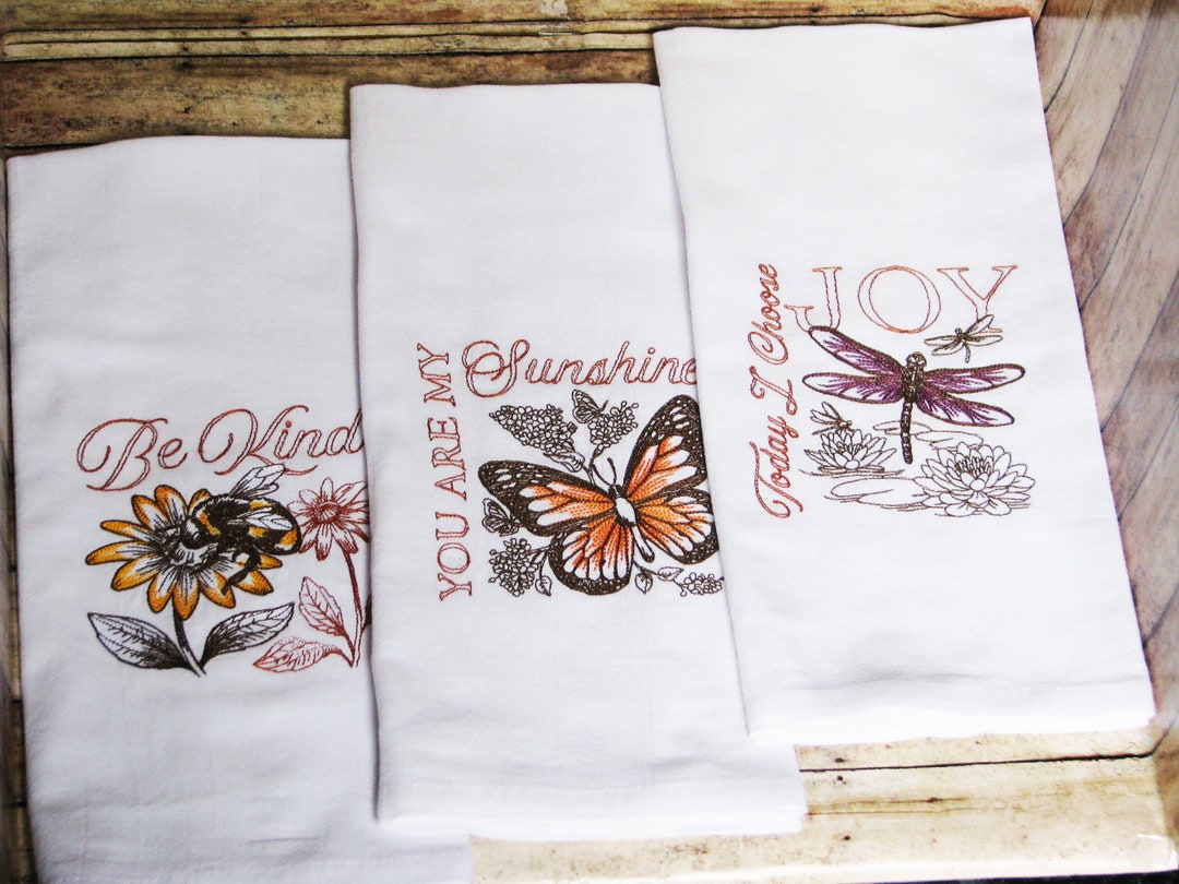 3 Farmhouse Joy Sunshine Happiness Embroidered Flour Sack Kitchen Tea