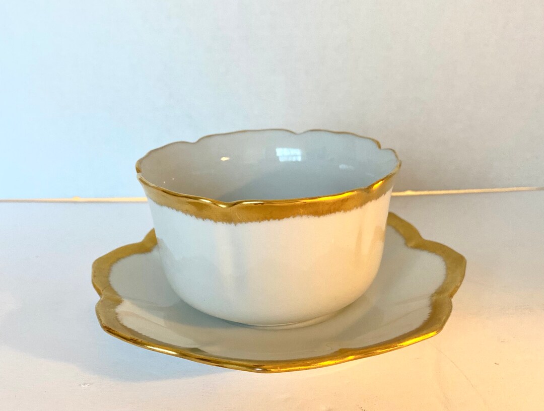 Gold Rim Ramekin Vintage Gold and White Scallop Rimmed Ramekin and Petal Shaped Saucer ...