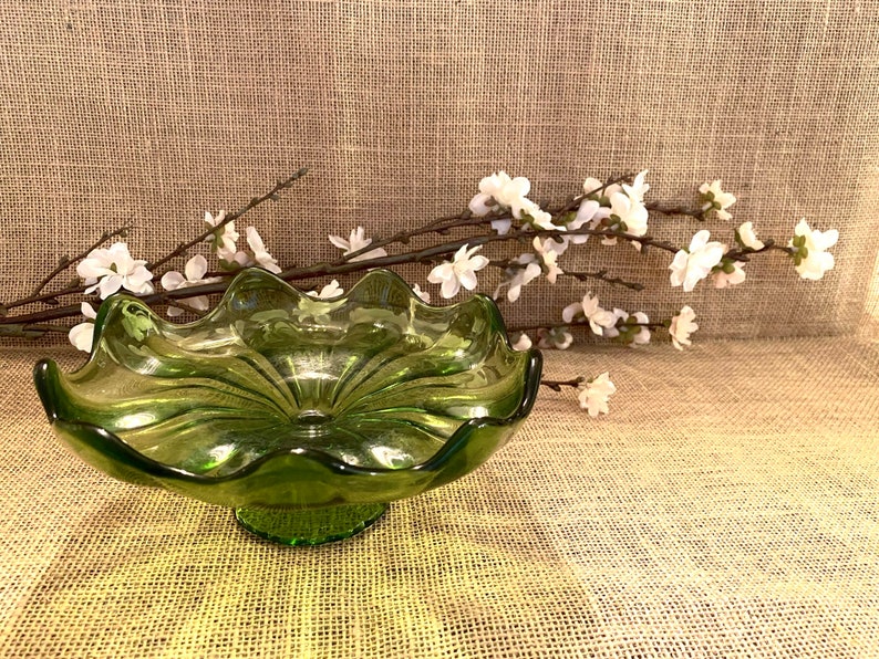 Vintage Green Glass Footed Bowl Etsy