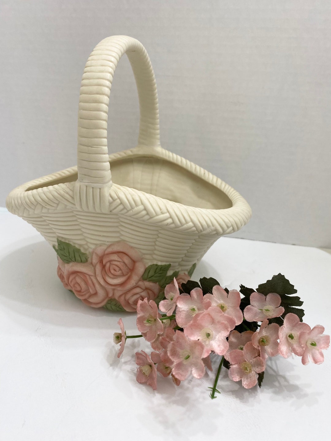 Vintage Rose Vase Ceramic Basket, Rose Decorated Trinket Dish, Candy