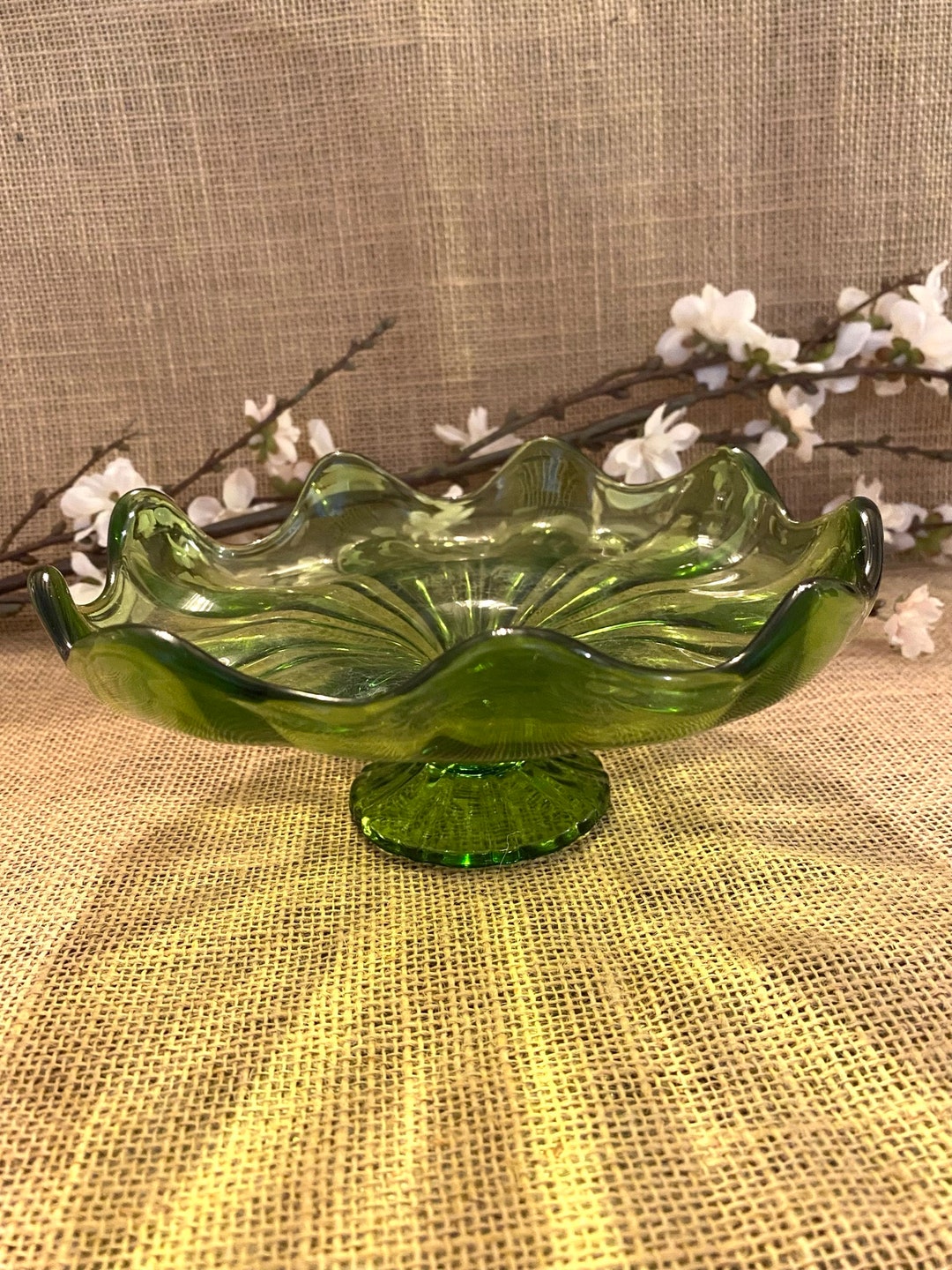 Vintage Green Glass Footed Bowl Etsy