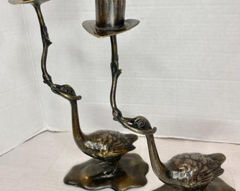 Vintage Cast Iron Bronze Goose Geese Candle Stick Holders (11 1/4” Tall Geese Bird)