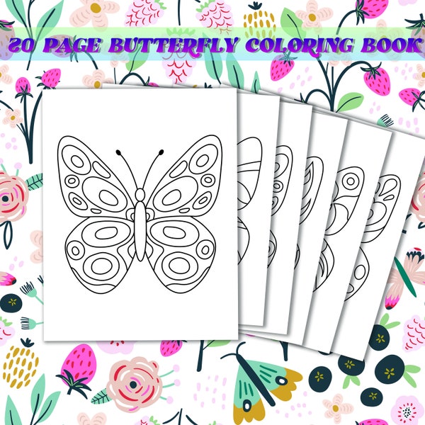 Childrens Easy and Simple 20 Page Butterfly Coloring Pages Digital PDF Download for Kid & Adults, Party Activity, Instant Download