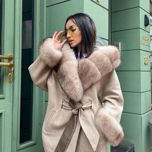 Andrew marc wool blend genuine dyed fox fur collar coat on sale