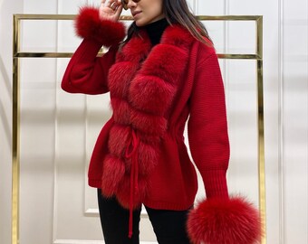Fox Fur Long Coat Winter Jack Real Fur For Women Oversized Jacket Real Fox  (Red) : Handmade Products 