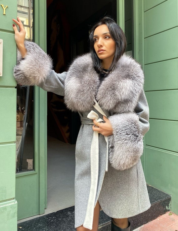 rand Omleiden Vorige Alpacan %100 lange grijze dames jas met Frost Fox Fur kraag. - Etsy België