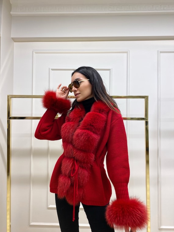 Real Fox Fur Knitwear Women/ Red Colour /fox Fur Jacket/ Standard