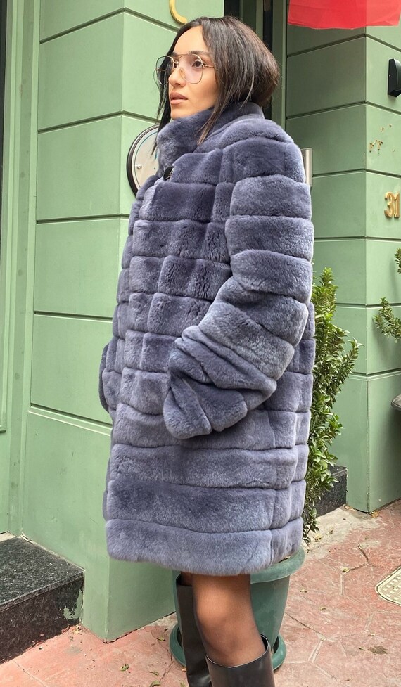 Women's Chinchilla Real Rex Rabbit Fur Coat Striped Jacket Thick Hooded  Overcoat